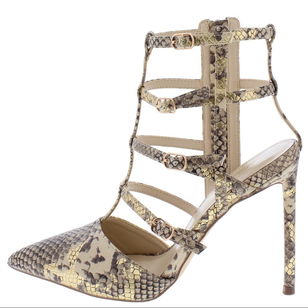 Gold Python Print Caged Vegan Leather High Heel Ankle Boots